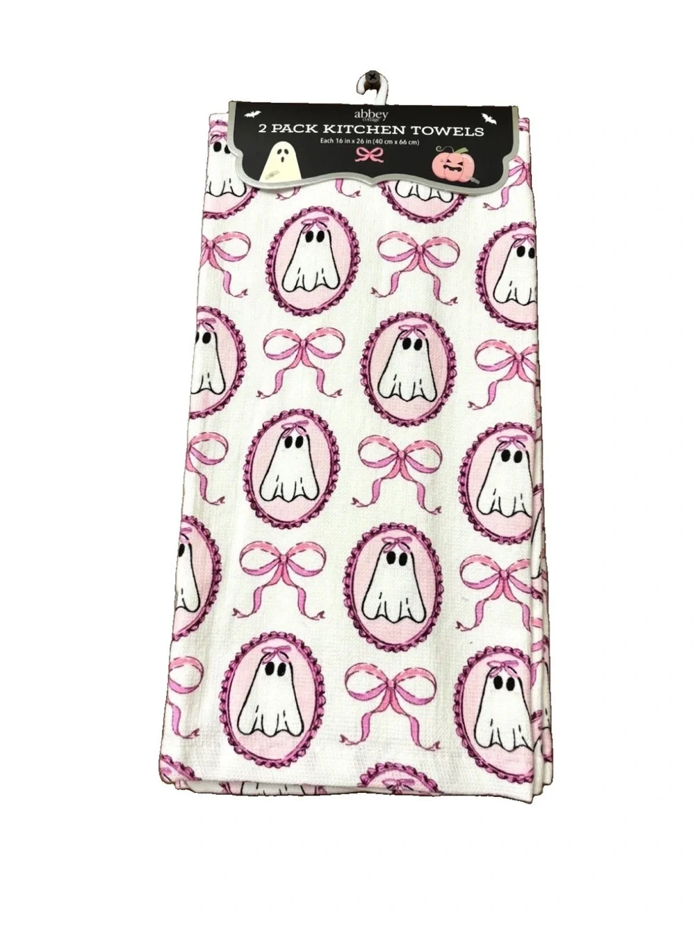 HALLOWEEN KITCHEN TOWELS SET OF 2 SWEET BABY GIRL GHOSTS BOWS BAMBOO COTTON HTF